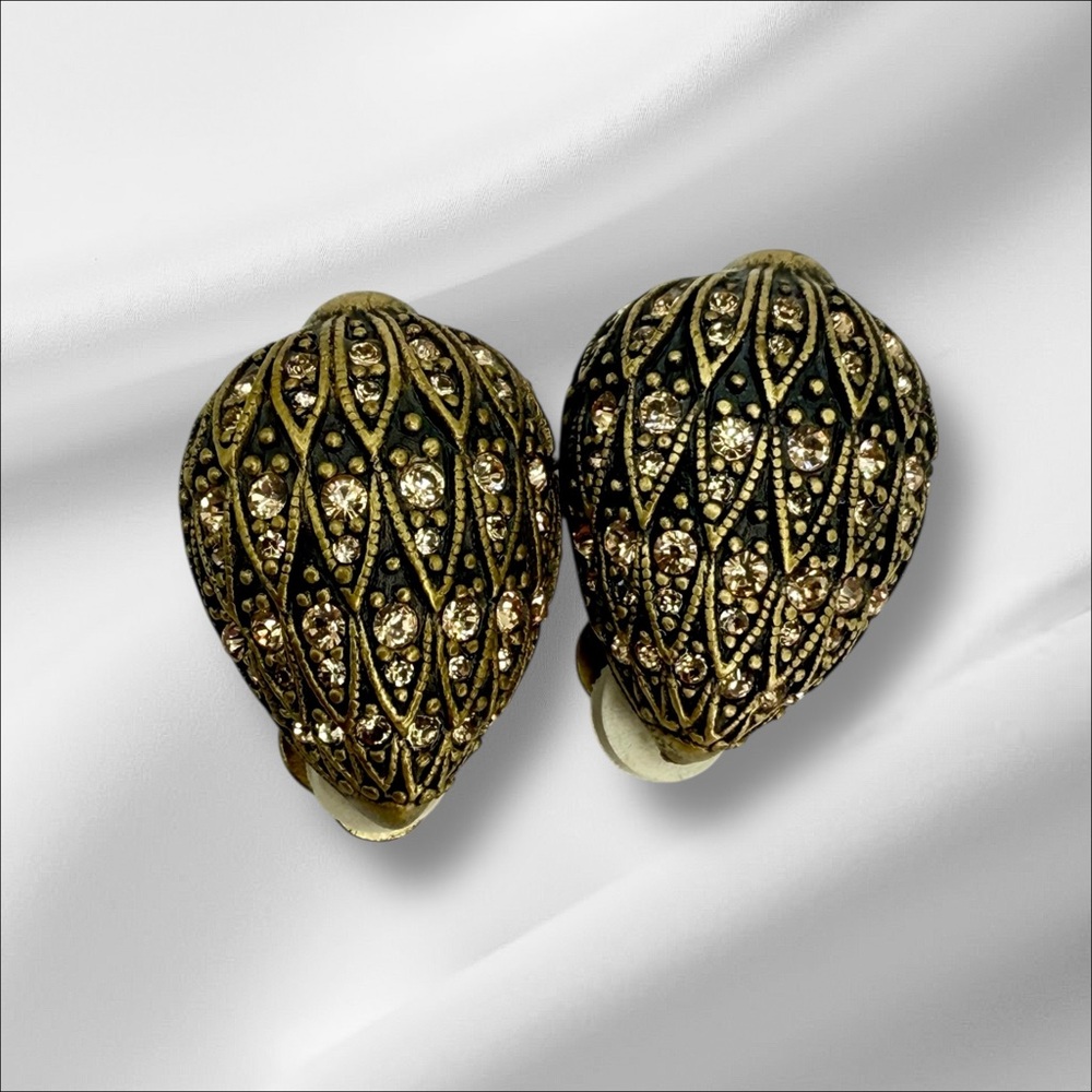 Vintage Joan Rivers Gold Tone Textured Clip-On Earrings with Pave Crystals